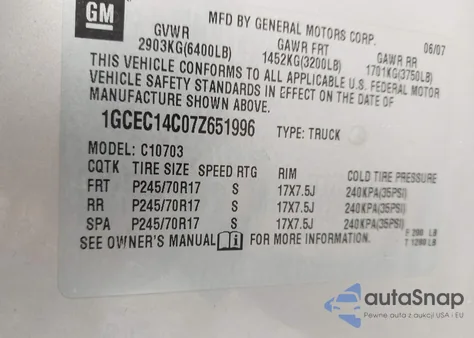 2007 Chevrolet Silverado 1500 Lt1 из США, поврежденный, VIN 1GCEC14C07Z651996